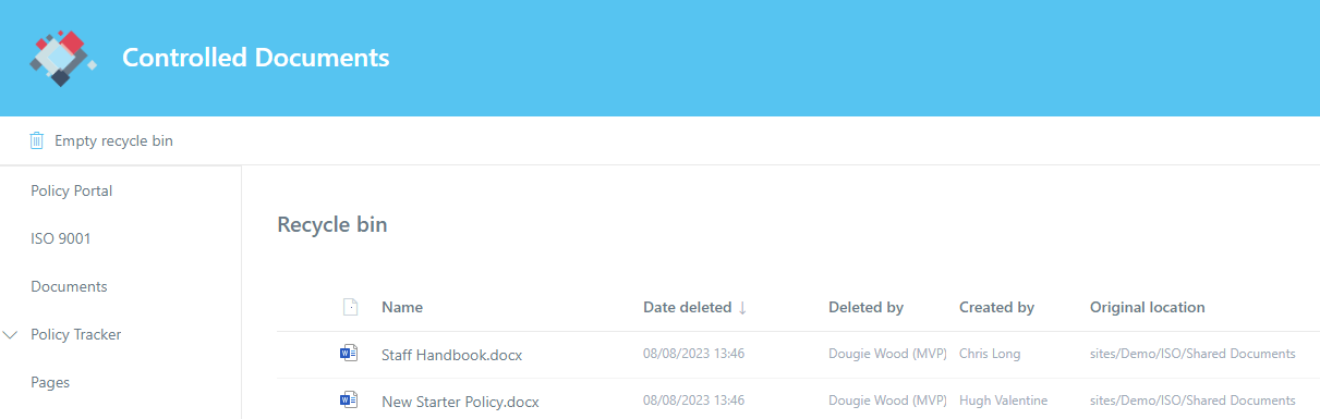 Controlled Documents recycle bin recovery from SharePoint Controlled Documents recycle bin recovery from SharePoint
