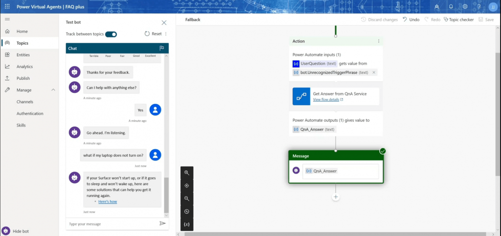 An example of a user interface looks like when setting up Power Virtual Agent from Microsoft business applications summit