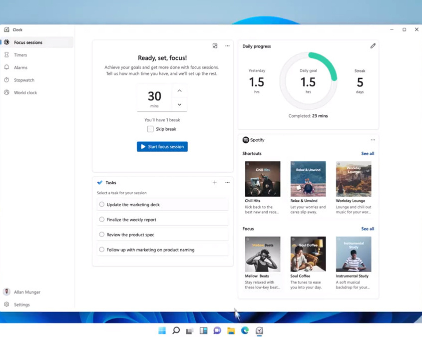 start page of focus sessions feature in windows 11