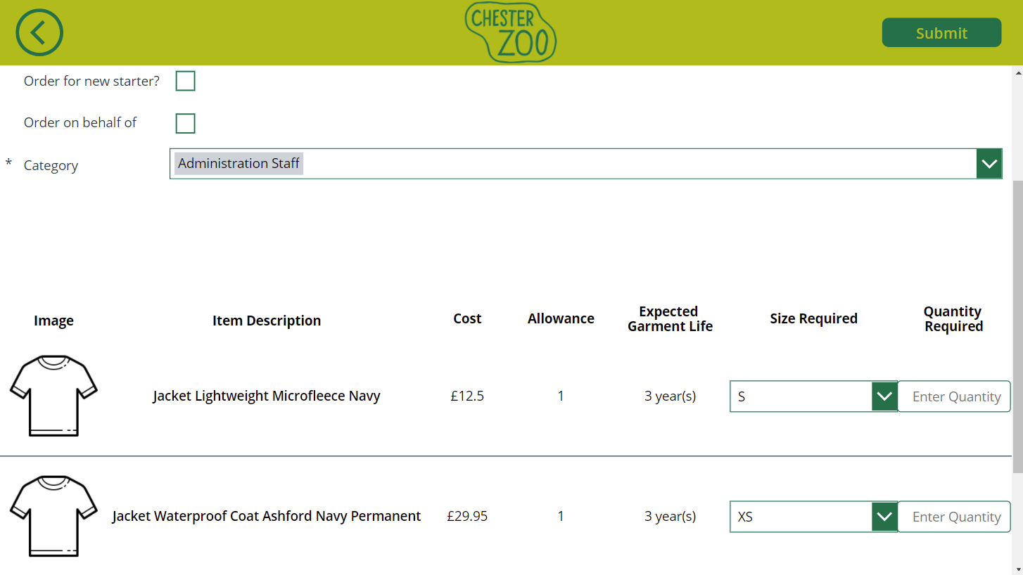 Chester Zoo uniform ordering application
