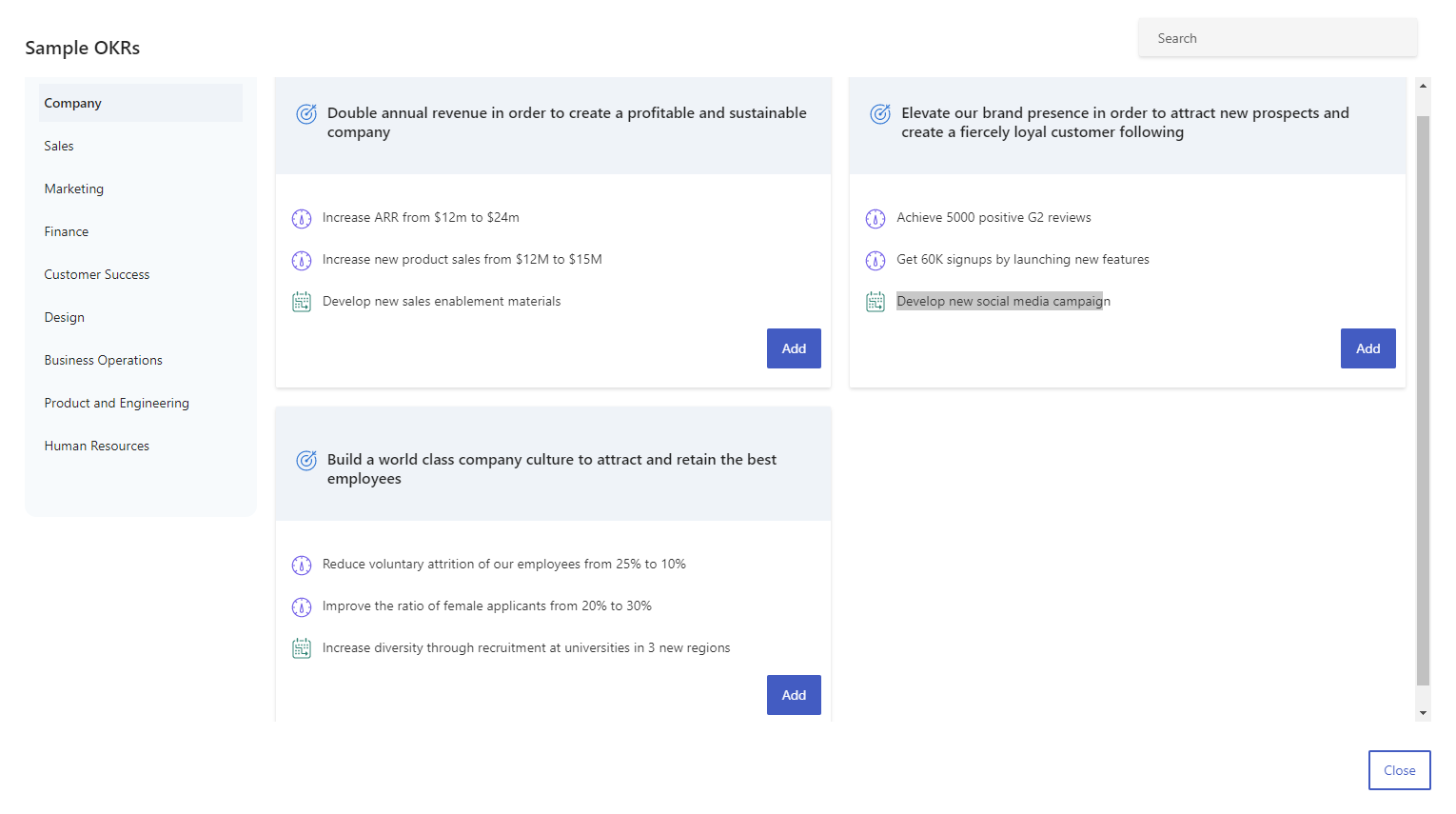 Examples of Goals to be set within Microsoft Viva Goals