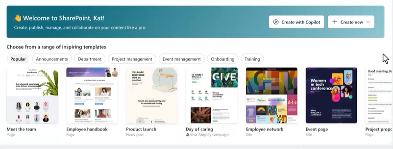 A picture of how copilot will interface to create a sharepoint site with ai